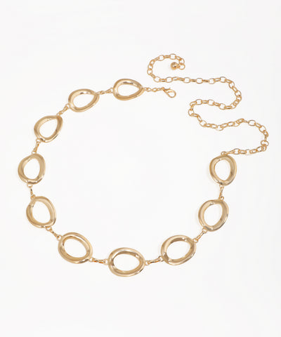 Gold necklace with interlocking oval links on a white background