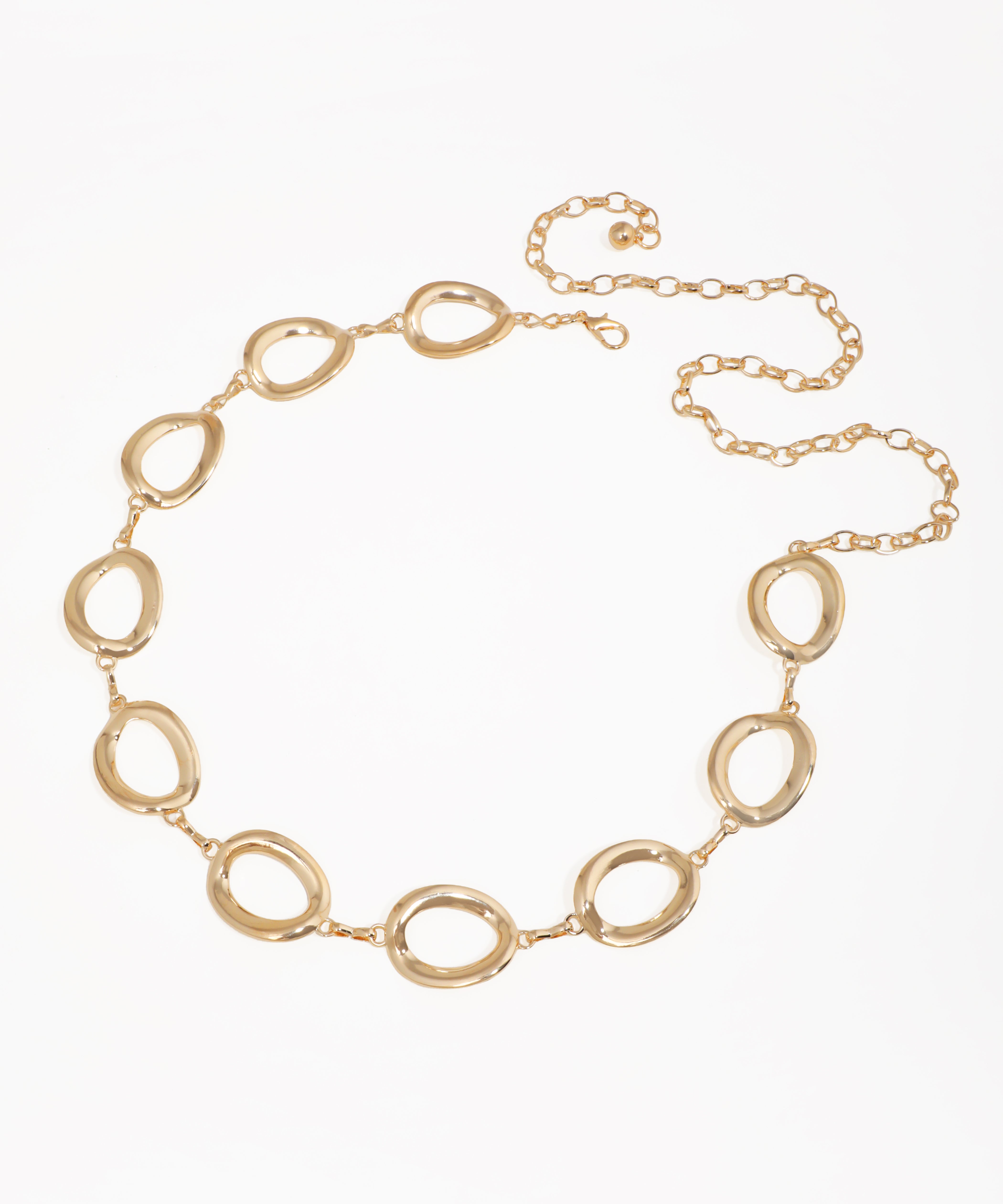Gold necklace with interlocking oval links on a white background