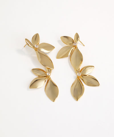 Pair of gold leaf-shaped earrings on a white background