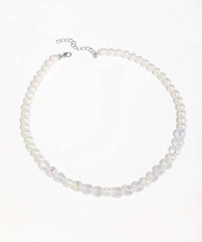 Rhodium finish necklace with alternating faux pearls and clear faceted glass crystals, lobster clasp.