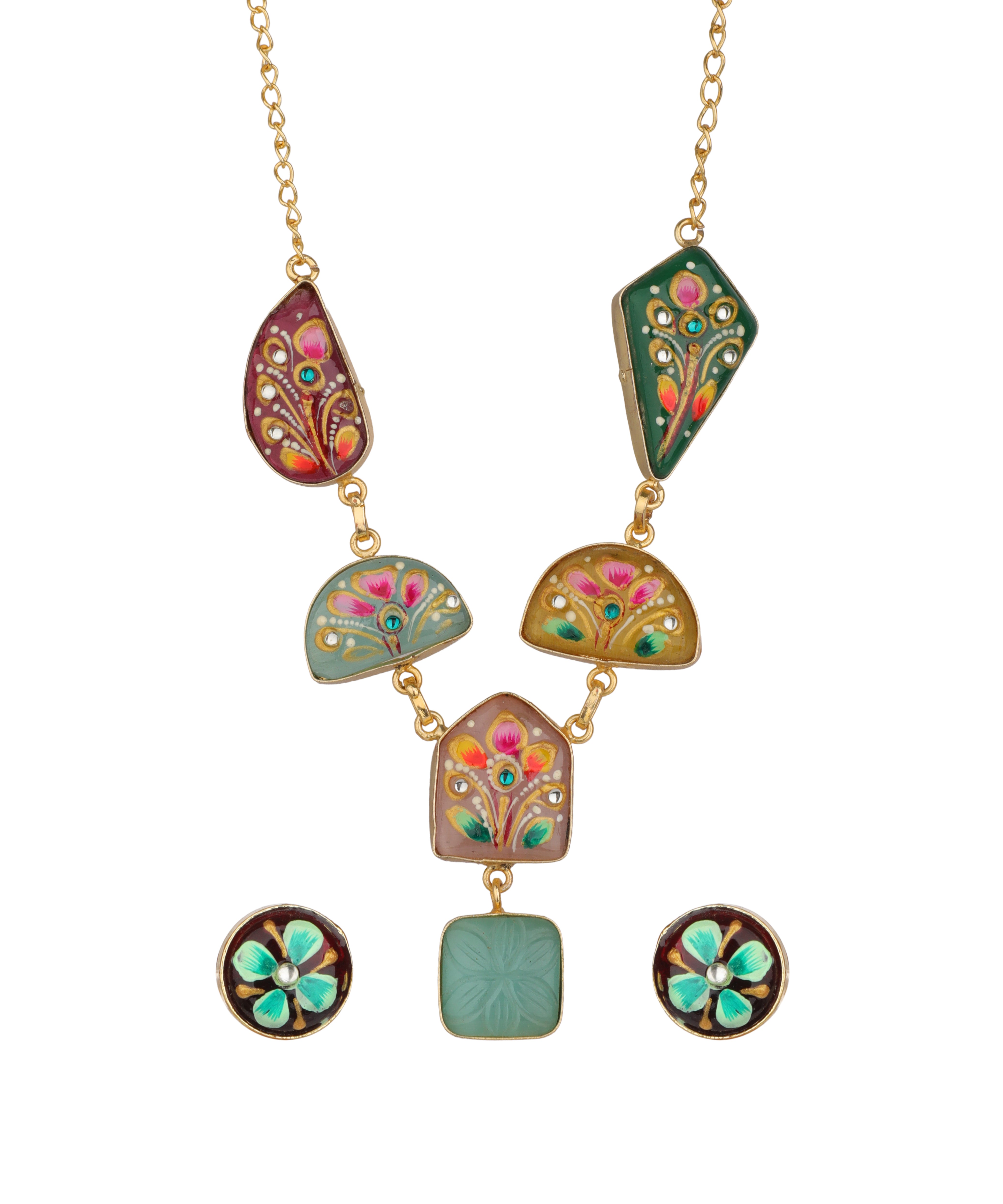 A gold-tone statement necklace with six colorful enamel-embossed geometric charms, shown with matching round stud earrings on a plain white background.