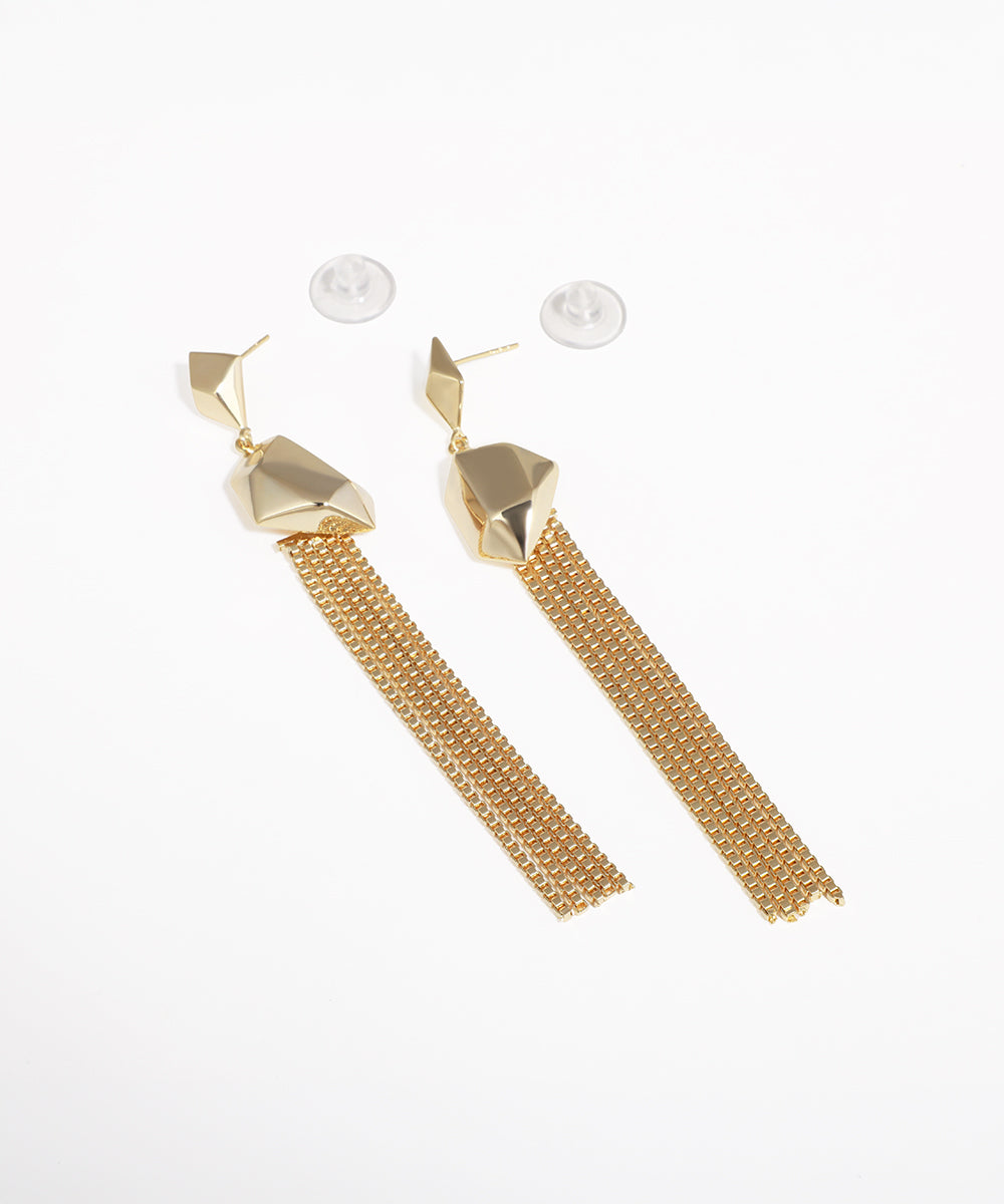Gold-tone earrings with geometric studs and chain tassels
