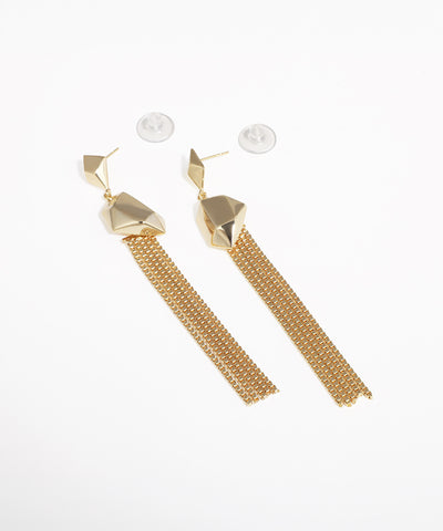Gold-tone earrings with geometric studs and chain tassels