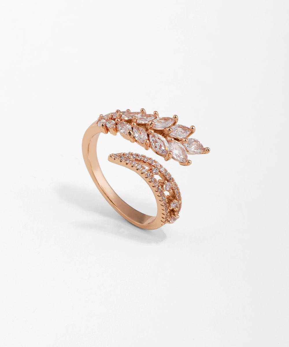 Rose-gold tone open ring with marquise leaf cluster of clear CZ stones and pavé set band