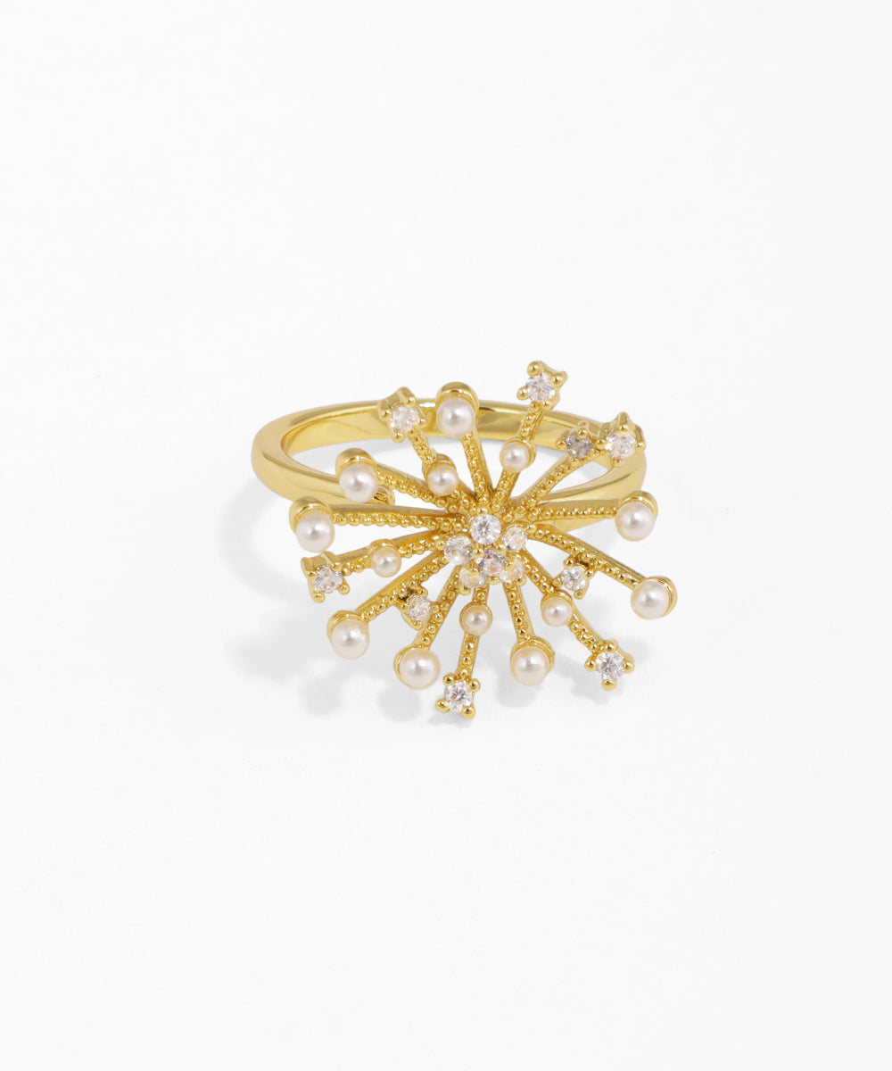 Gold ring with pearl accents on a white background