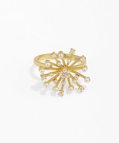 Gold ring with pearl accents on a white background