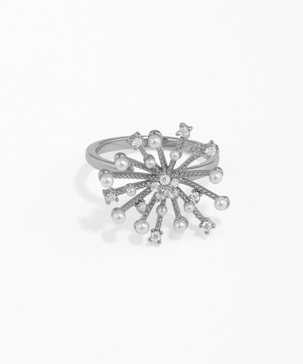 Silver ring with pearl-like stones on a white background