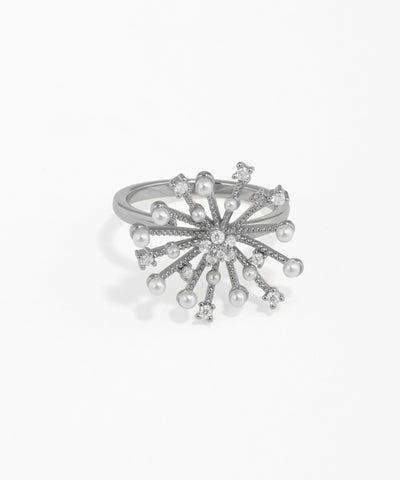 Silver ring with pearl-like stones on a white background