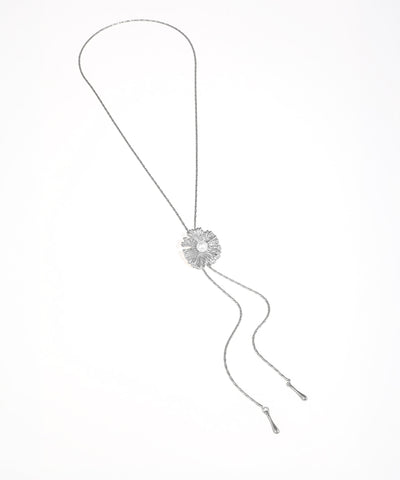 Silver necklace with a floral pendant on a white background