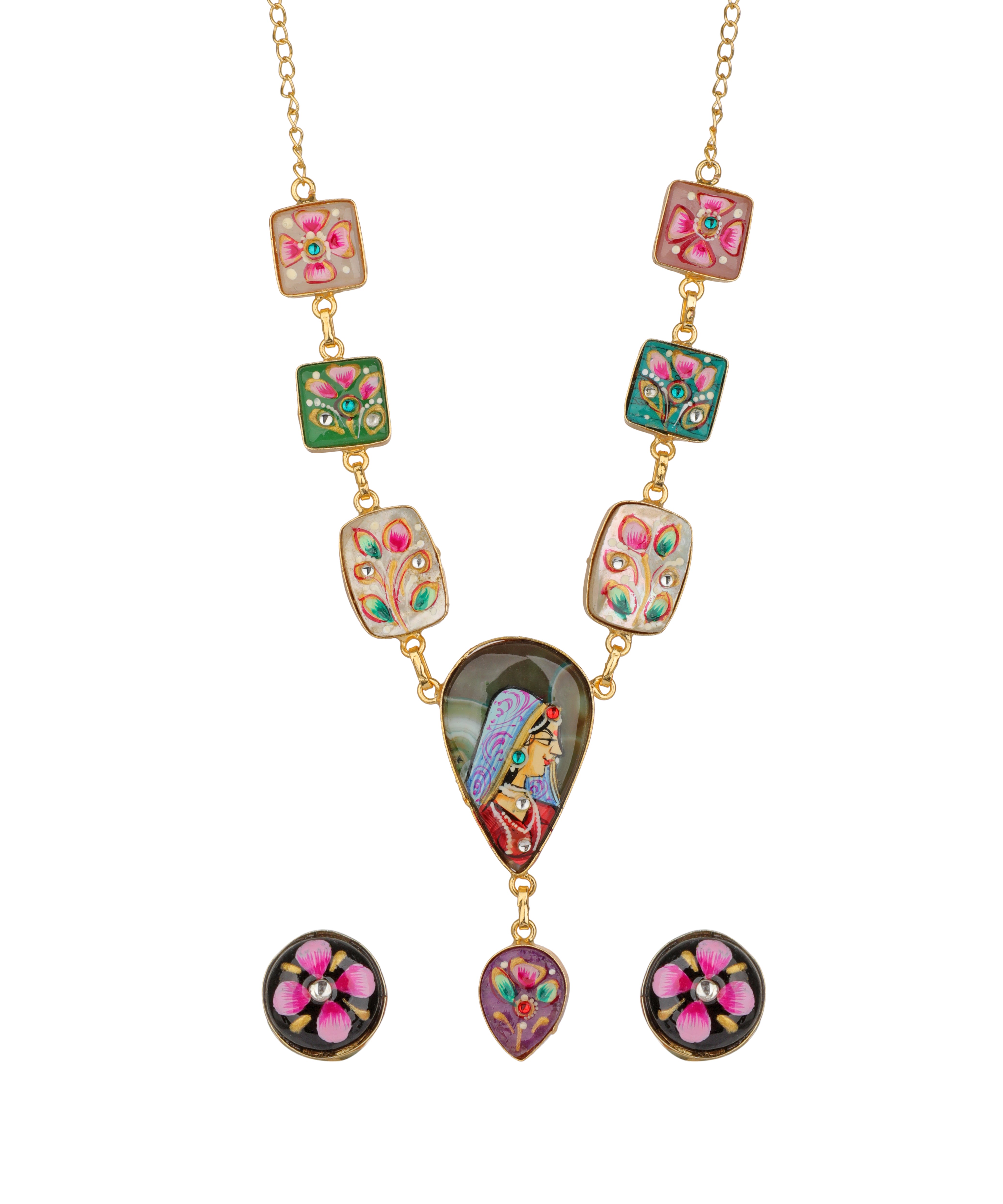 A gold-tone necklace set with a long chain featuring colorful floral and geometric enamel-style beads, a large teardrop pendant with a painted woman motif, and matching stud earrings below.