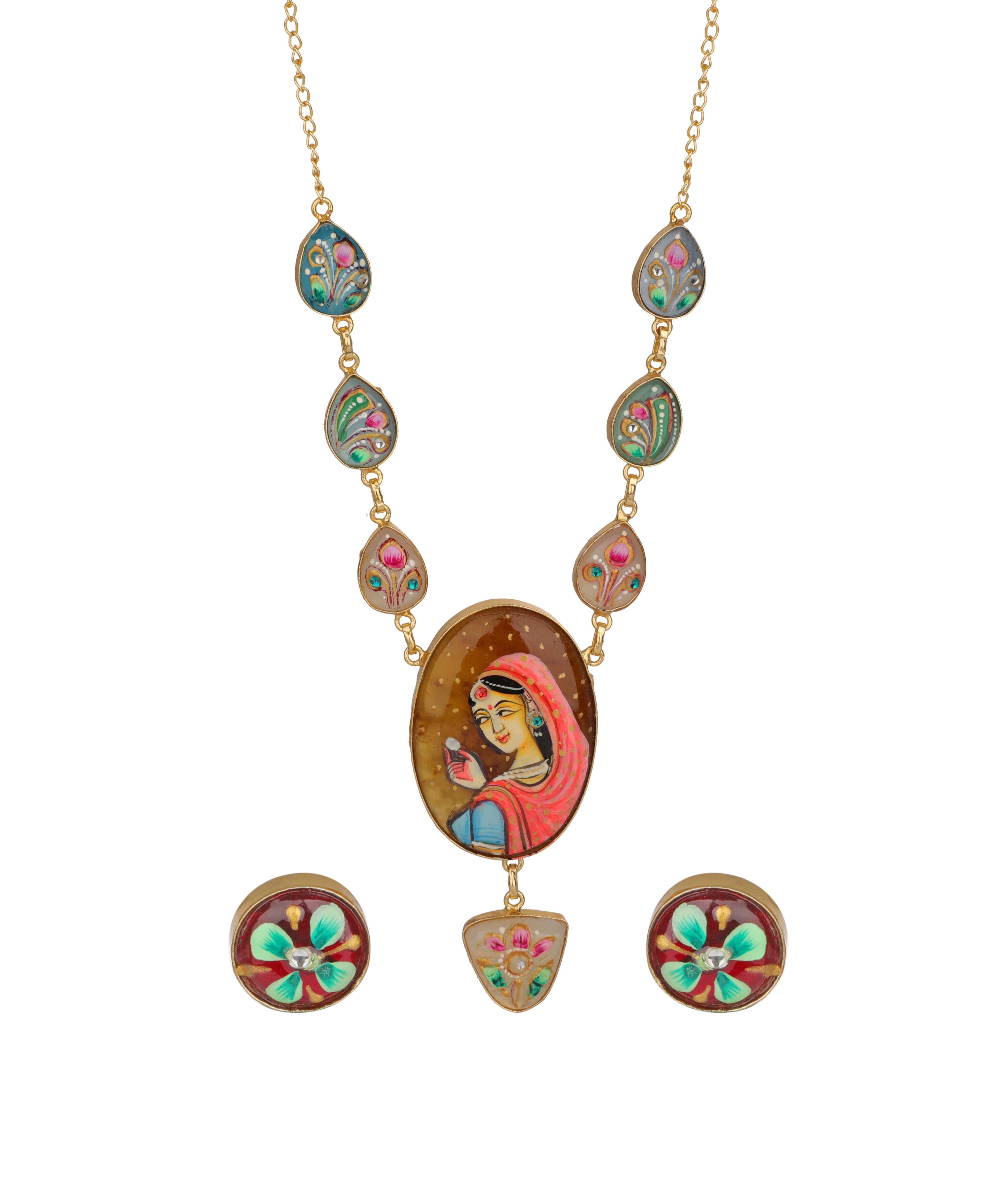 Gold-plated necklace and matching stud earrings featuring hand-painted oval and teardrop motifs with traditional Indian folk art designs in pink, green, and red on a white background.