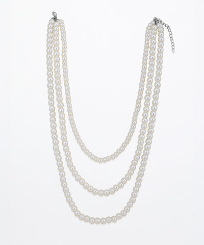 Rhodium finish multi-strand necklace with graduated faux pearls