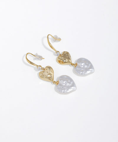 Gold-tone drop earrings with hammered hearts and irregular faux pearl drops.