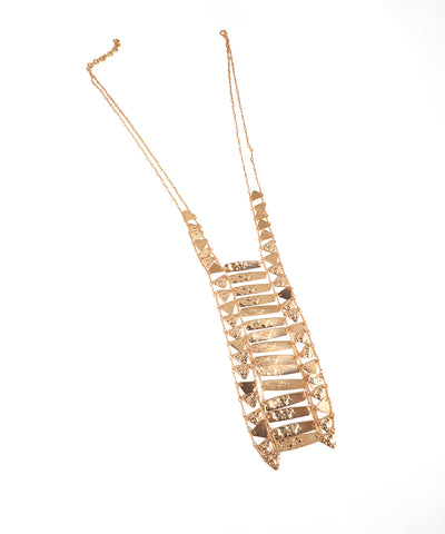 Gold-tone necklace with hammered rectangular and triangular panels forming a bib design.