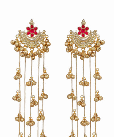 Gold earrings with floral design on a white background