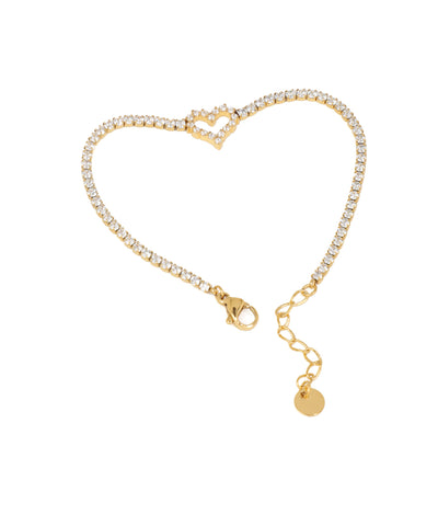 Gold-tone bracelet with a delicate line of clear stones and a heart outline detail