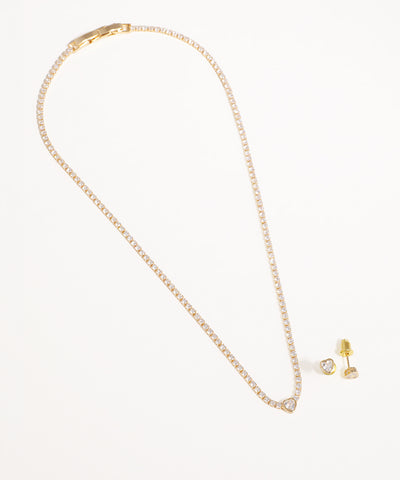 Gold-tone necklace with continuous line of CZ stones and a central heart-shaped pendant