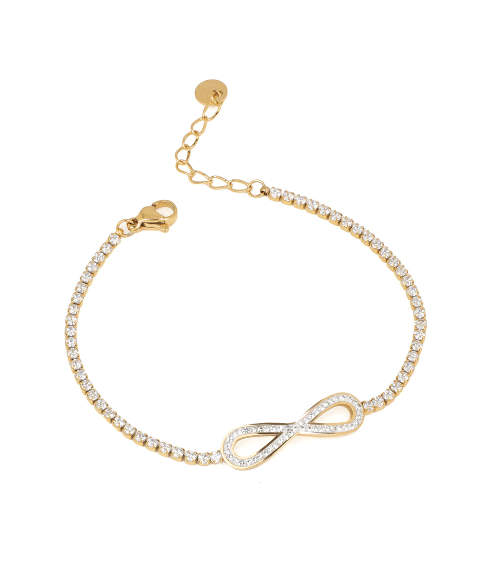 Gold-tone bracelet with a line of clear stones and an infinity symbol at the center, lobster clasp