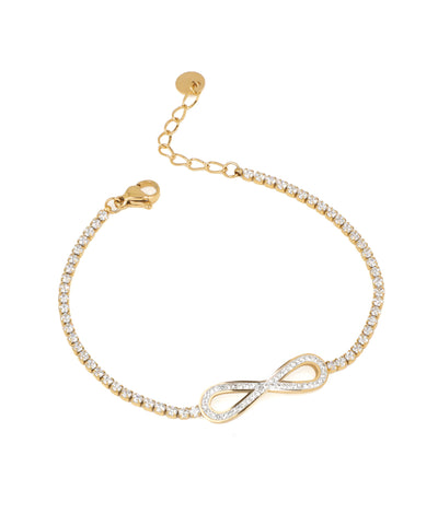Gold-tone bracelet with a line of clear stones and an infinity symbol at the center, lobster clasp