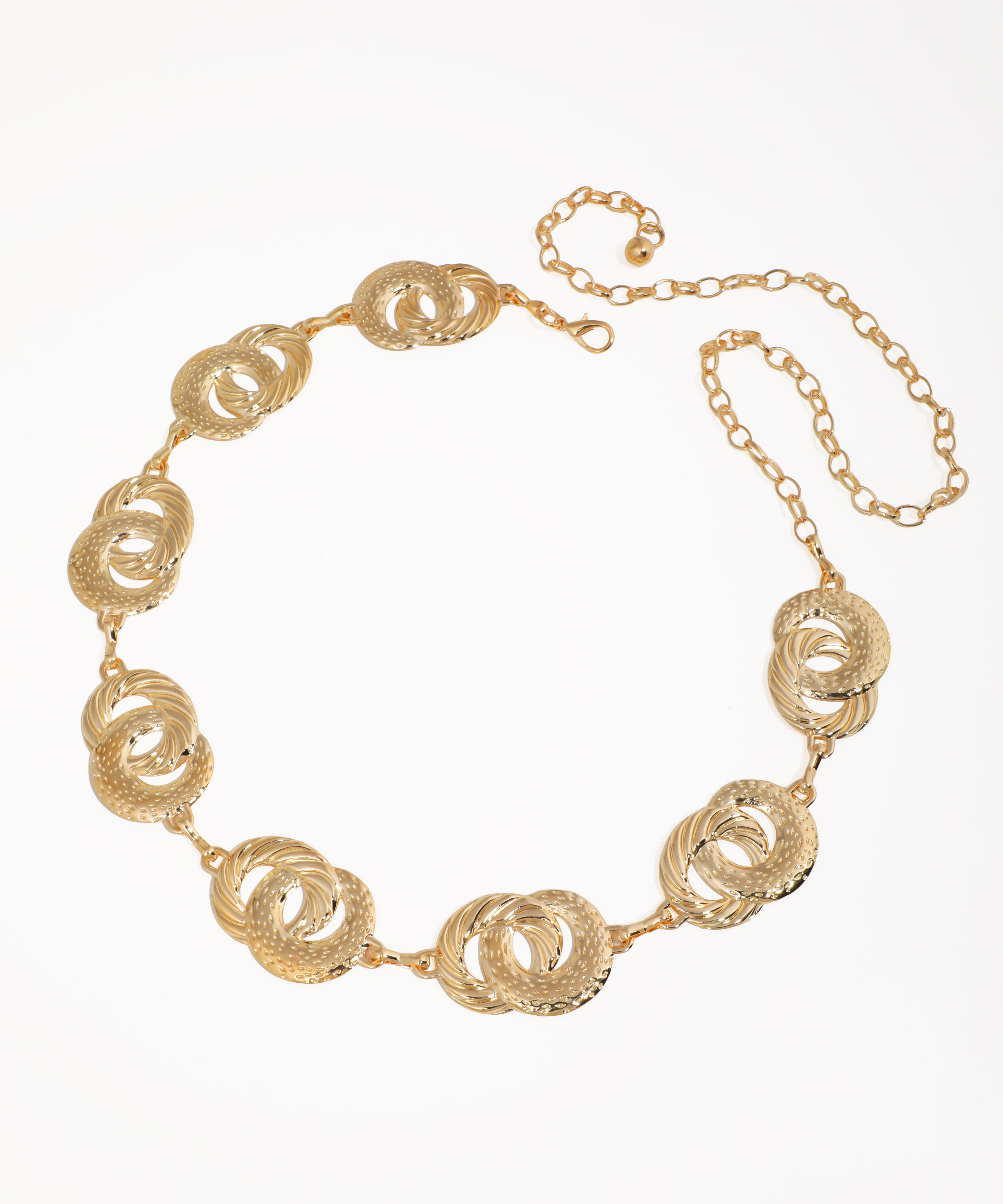 Gold-tone waist chains with interlocking textured circle links and an adjustable chain.