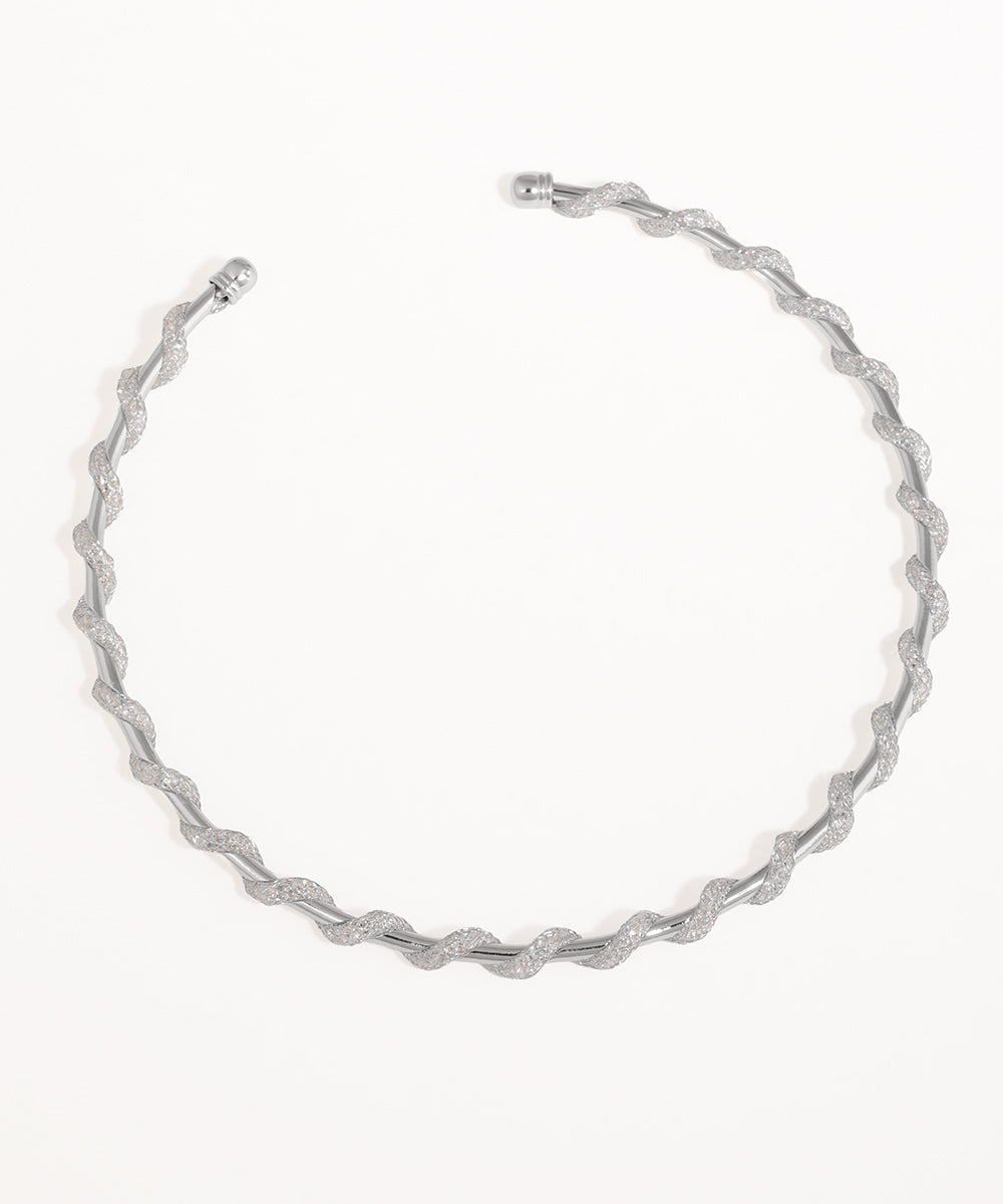 Rhodium finish necklace with intertwined sparkle and smooth strands