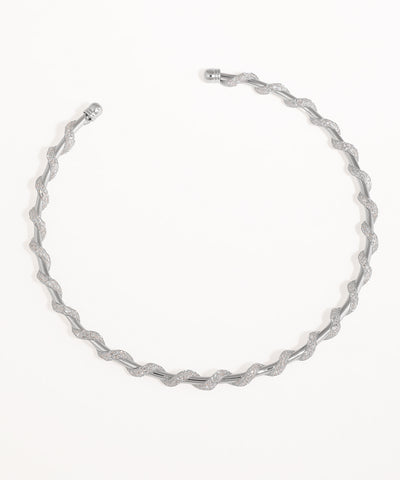 Rhodium finish necklace with intertwined sparkle and smooth strands