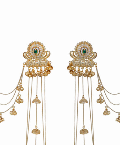 Pair of gold earrings with green gemstones on a white background
