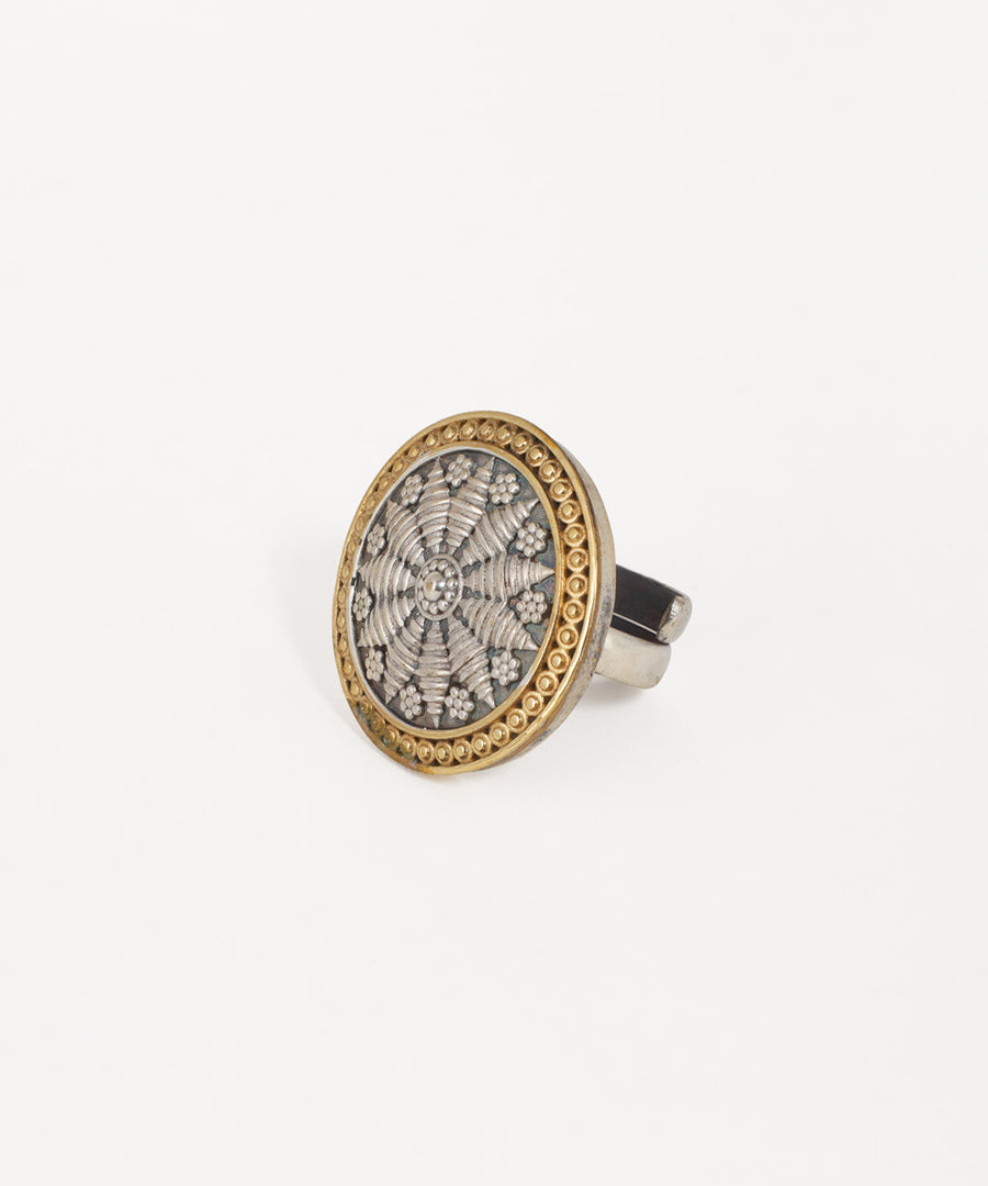 Dual-tone oxidised statement ring with intricate mandala design and floral detailing