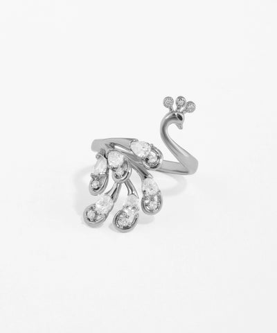Rhodium finish ring with a sculpted peacock design and clear CZ stones.