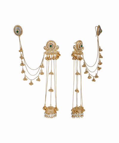 Gold-tone Kashmiri jhumka earrings with multiple chains, faux pearls, and green glass stones.