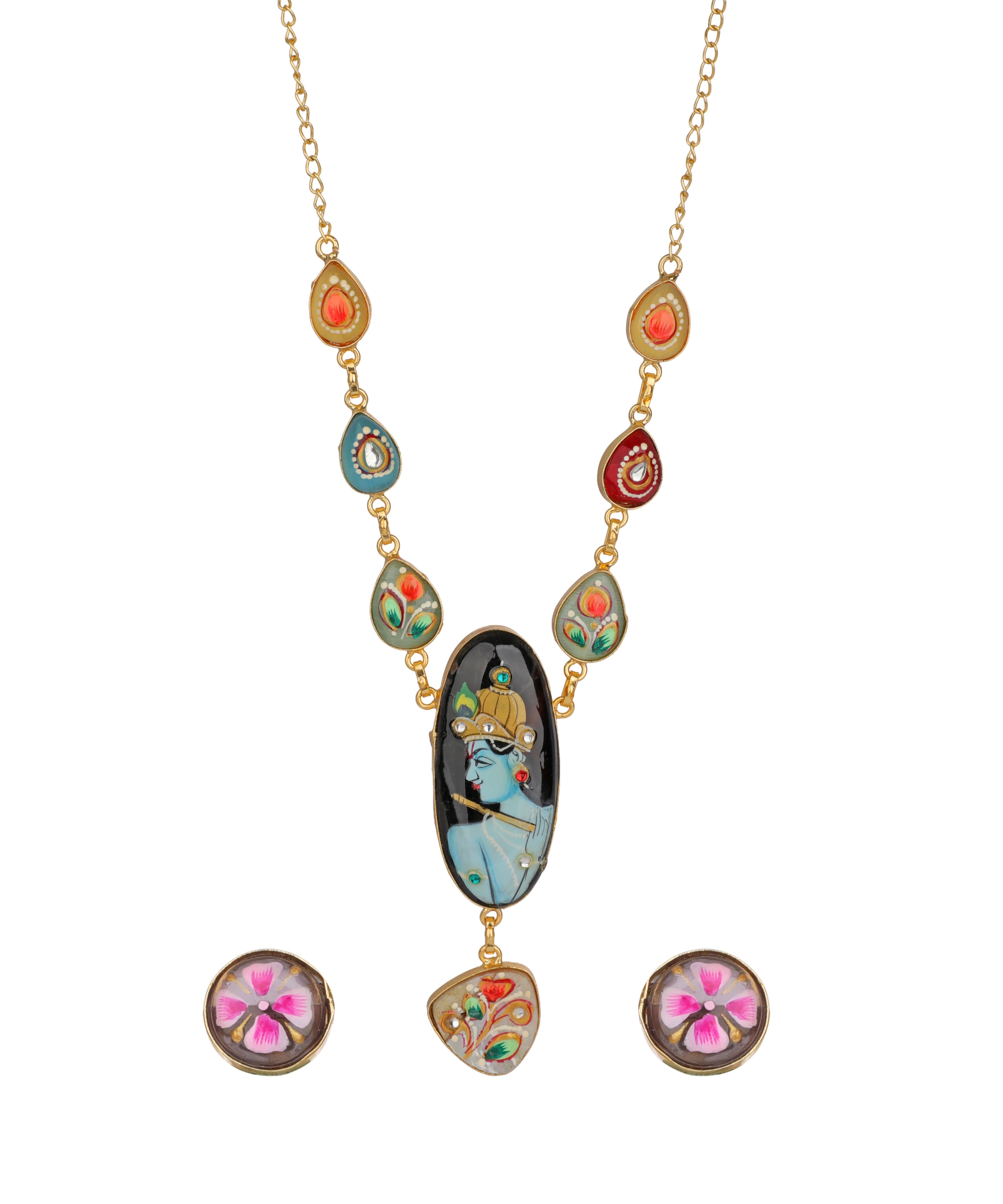 Gold-tone necklace with colorful enamel details and a central oval pendant depicting a blue-skinned figure, shown with matching stud earrings on a white background.