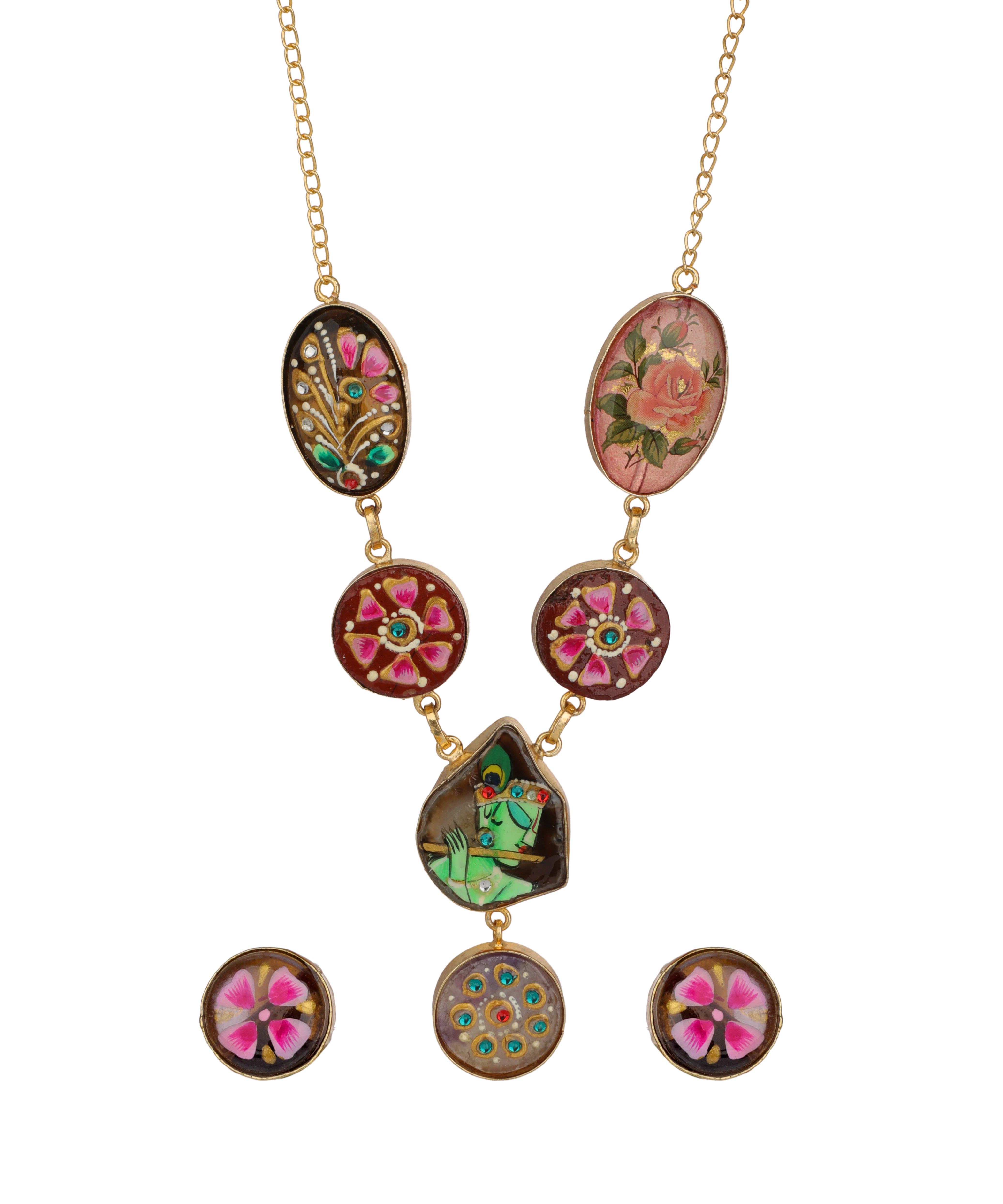 A gold-tone necklace with three oval and three round enamel medallions featuring pink roses and floral patterns, shown with matching stud earrings on a plain white background.