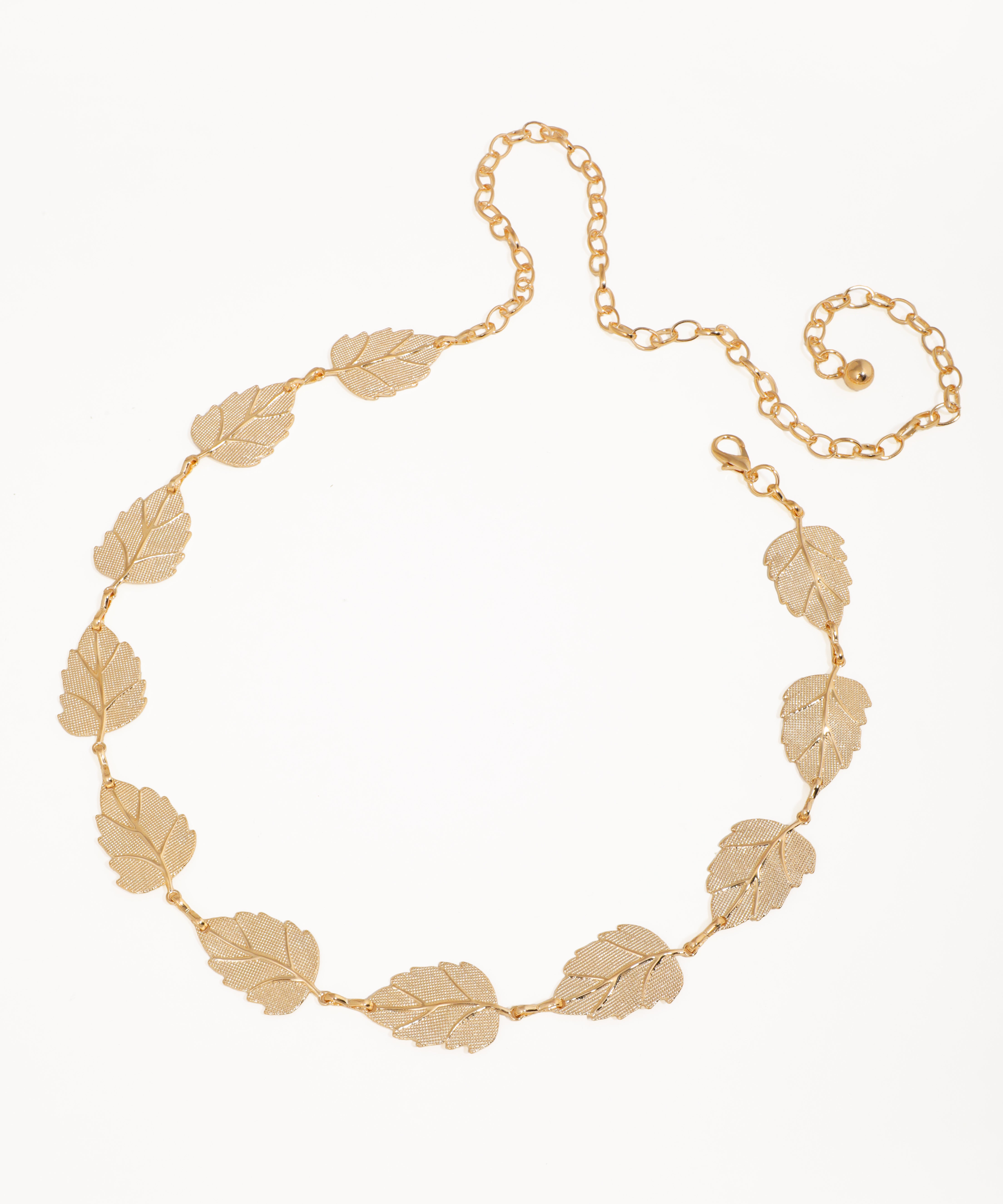 Gold-tone waist chain with textured leaf-shaped links and an adjustable clasp