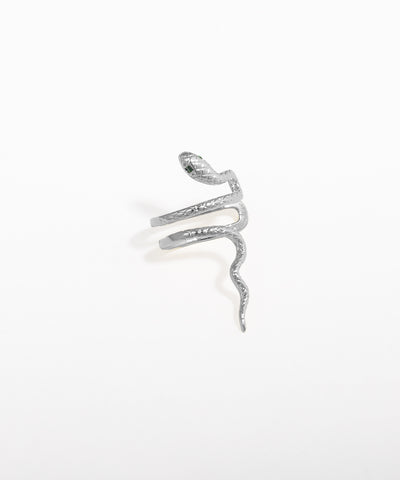 Silver snake-shaped earring on a white background