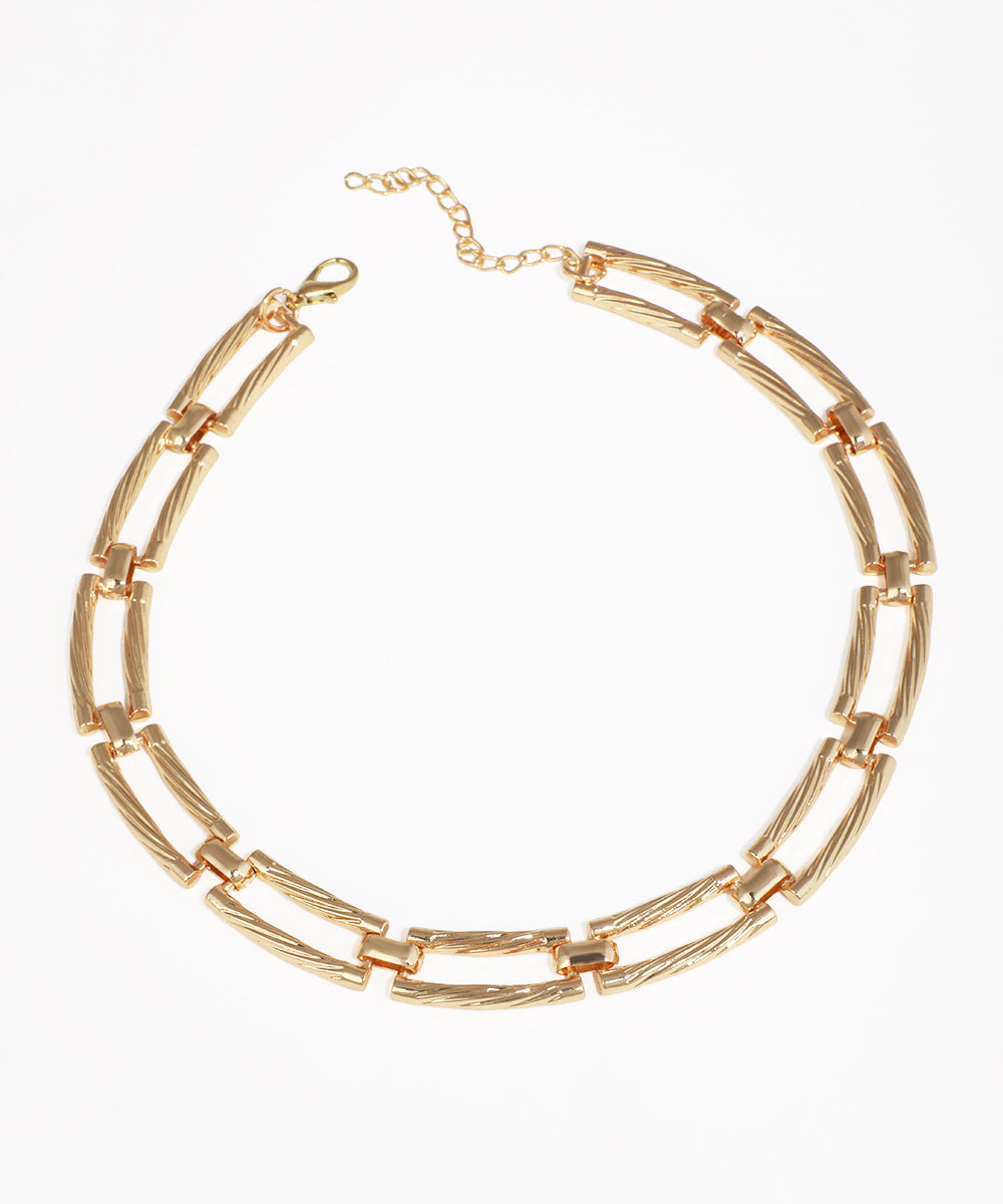 Gold-tone necklace with textured rectangular bar links and lobster clasp closure