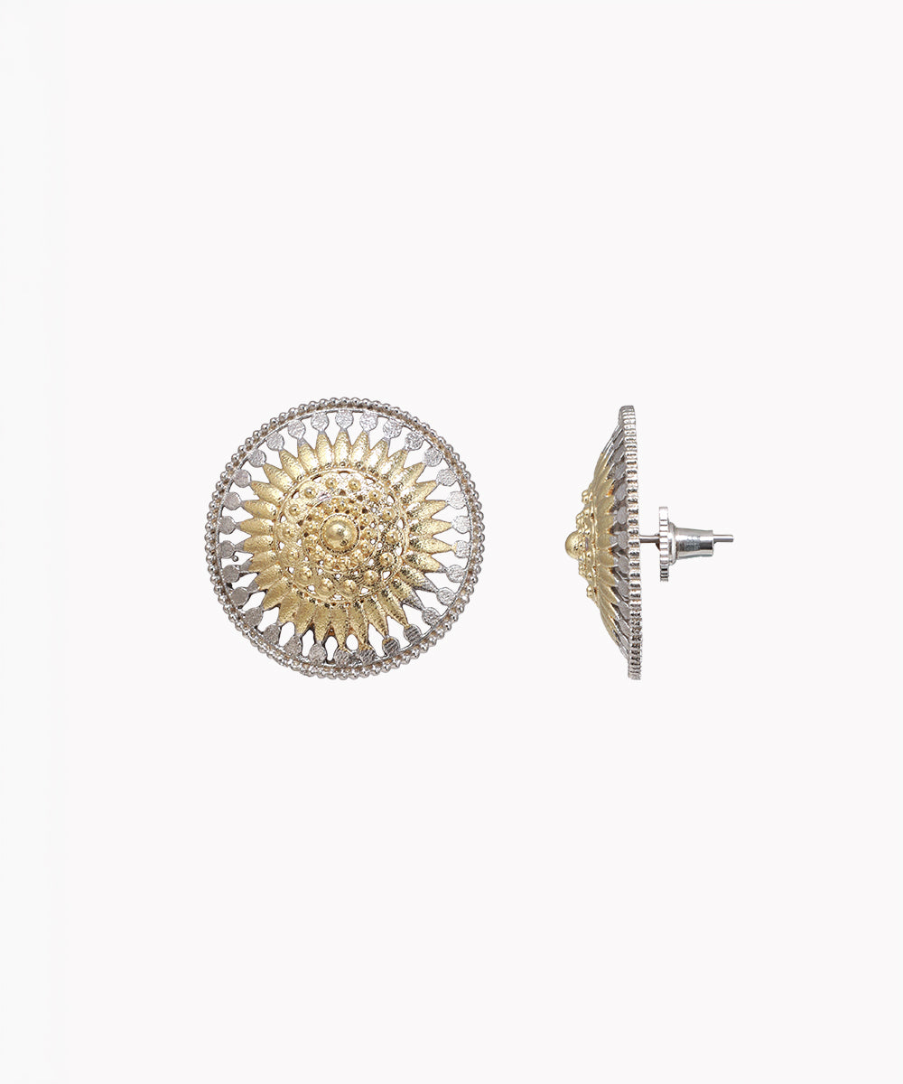 Gold-tone and rhodium finish intricate mandala sunburst stud earrings with a beaded edge