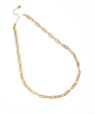 Gold-tone chain necklace with signature pattern on elongated links and lobster clasp