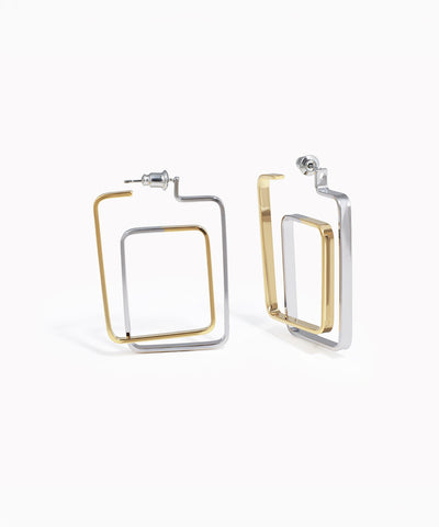 Bi-tone geometric square hoop earrings with interlocked gold-tone and silver-tone frames