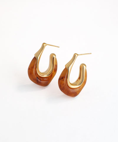 Pair of gold and brown hoop earrings on a white background