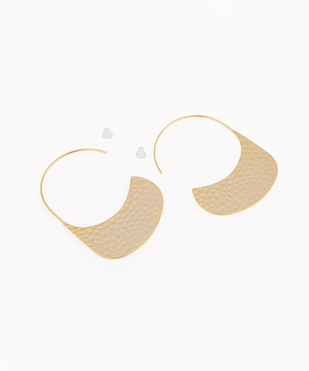 Matte gold-tone earrings with a textured curved drop design and ear wire closure