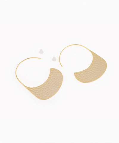 Matte gold-tone earrings with a textured curved drop design and ear wire closure