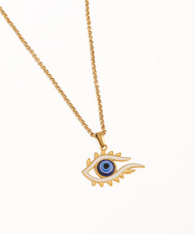 Gold necklace with an eye-shaped pendant on a white background