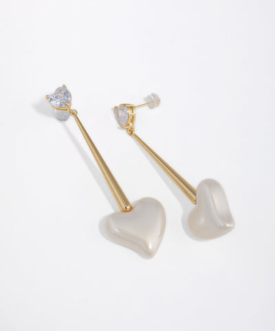 Gold-tone drop earrings with heart-shaped CZ at top, tapered bar, and iridescent heart pendant