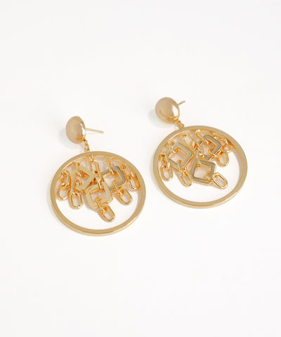 Gold circular earrings on a white background