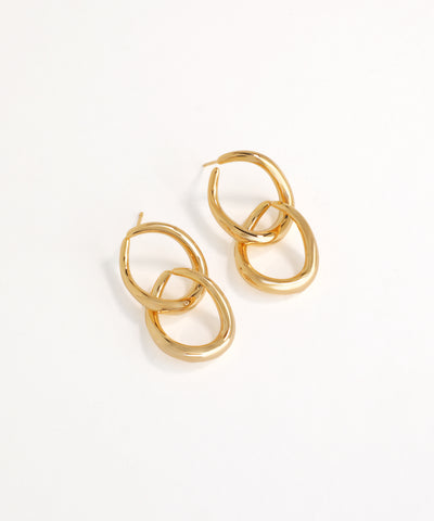Gold interlocked linked hoop earrings on a white background