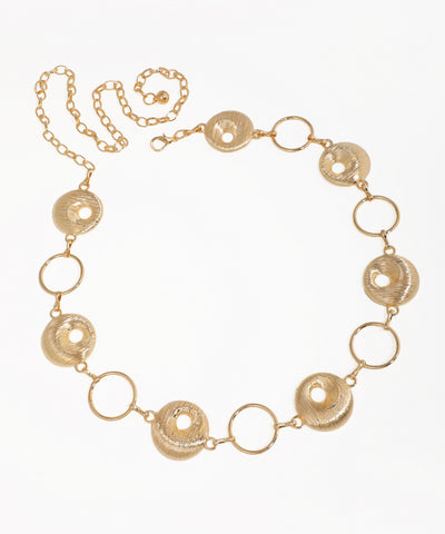 Gold-tone waist chains with alternating textured and smooth circular links.