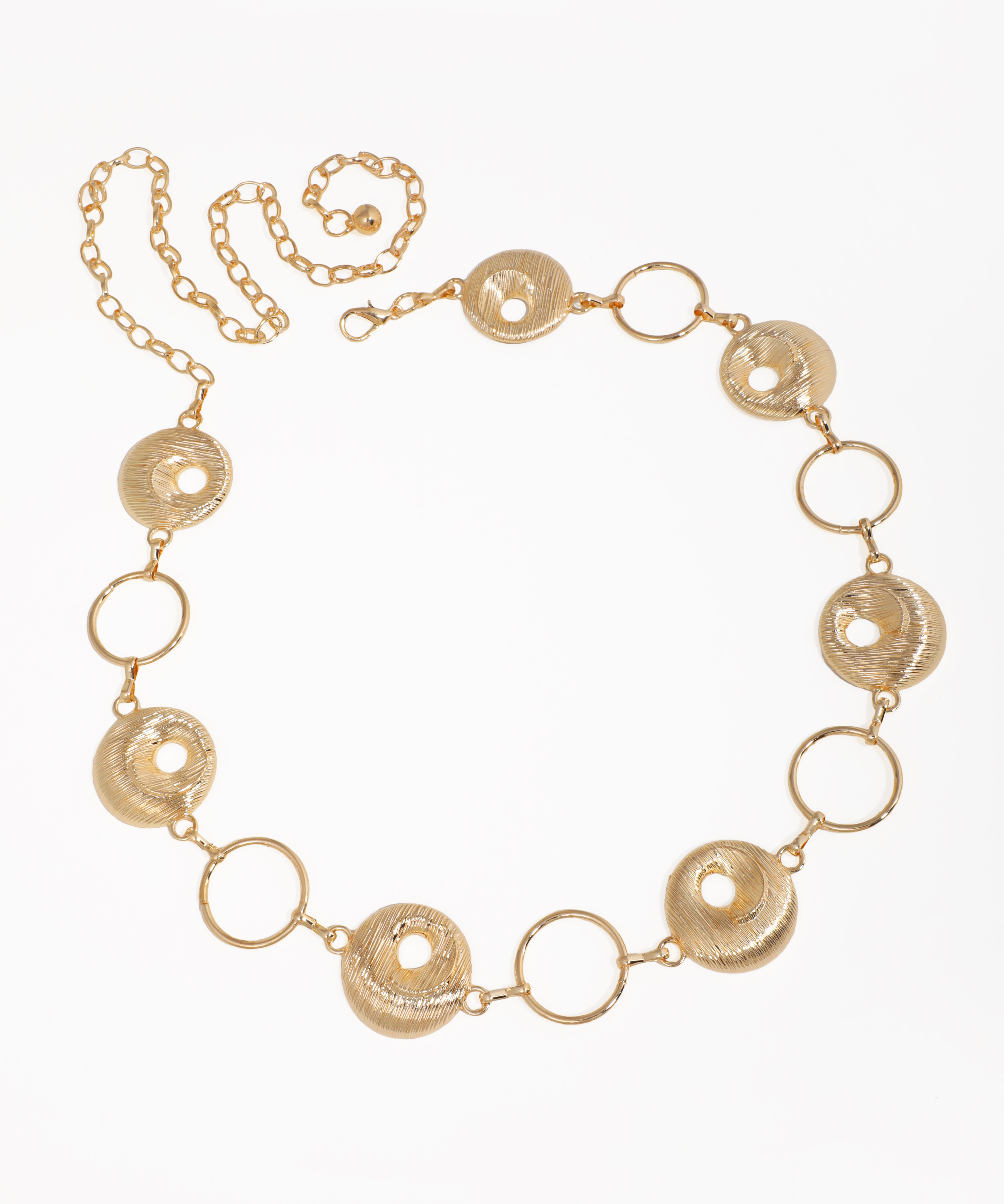 Gold-tone waist chains with alternating textured and smooth circular links.