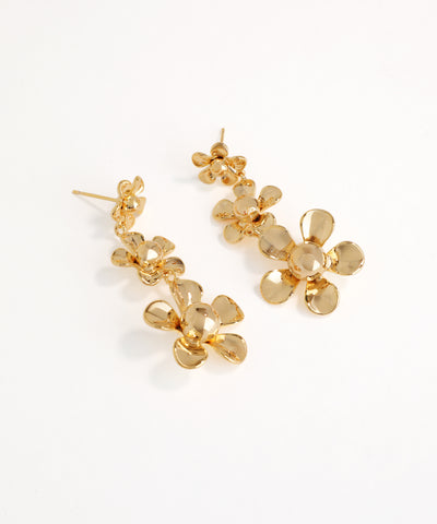 Gold floral earrings on a white background
