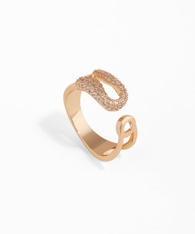 Gold open ring with diamond accents on a white background