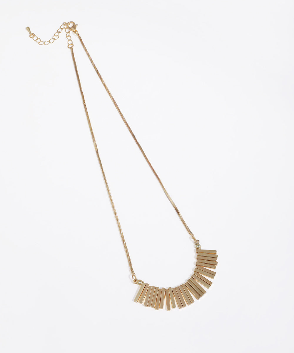 Gold-tone necklace featuring an arc of rectangular bar elements on a snake chain.